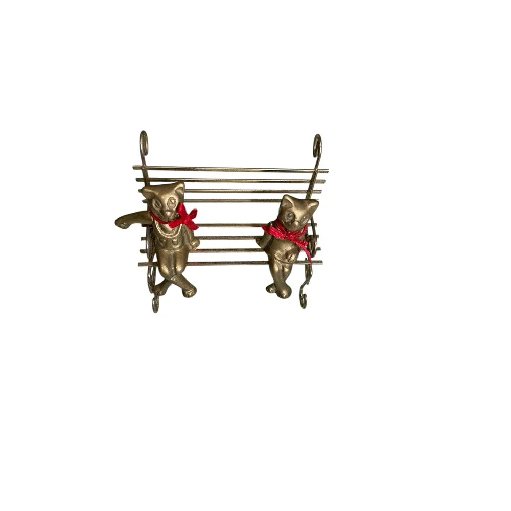 Brass Cats Kittens Sitting Cross Leg Metal Bench Red Ties Taiwan‎ Pair Trinket